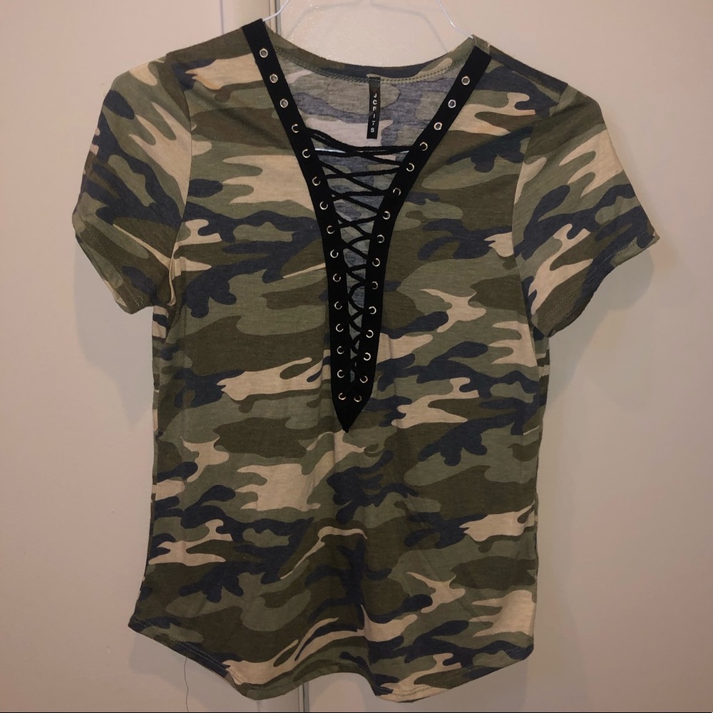 Camouflage Lace Up Blouse